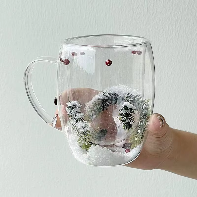 Tasse de noël en verre à Double paroi, 200/350ML, scène de neige, tasse à café, résistante à la chal