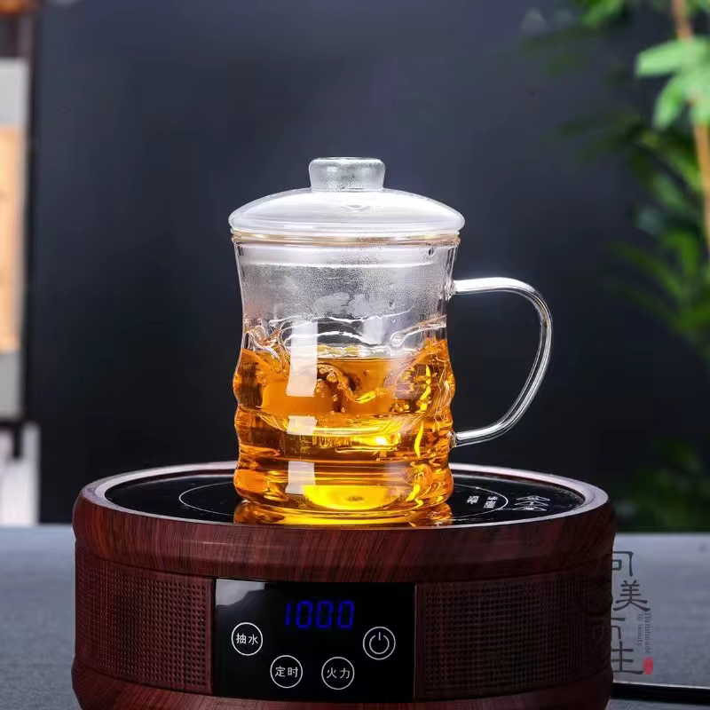 Tasses à thé domestiques en verre transparent épais, Design en bambou, service à thé de bureau haut 