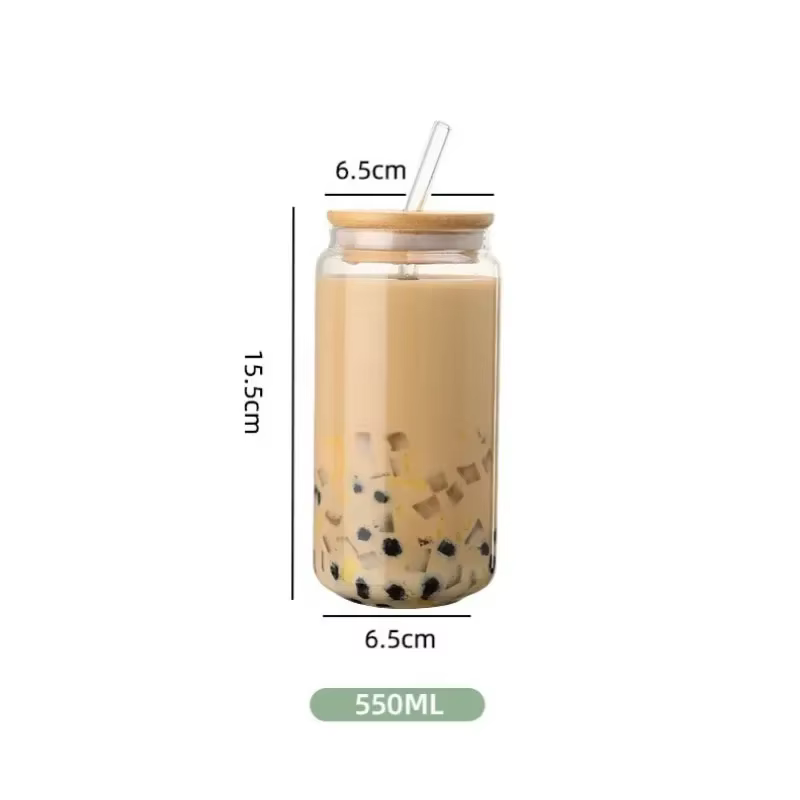 Tasse en verre de 550ml avec couvercle en bois et paille, tasse à thé à bulles transparente de voyag
