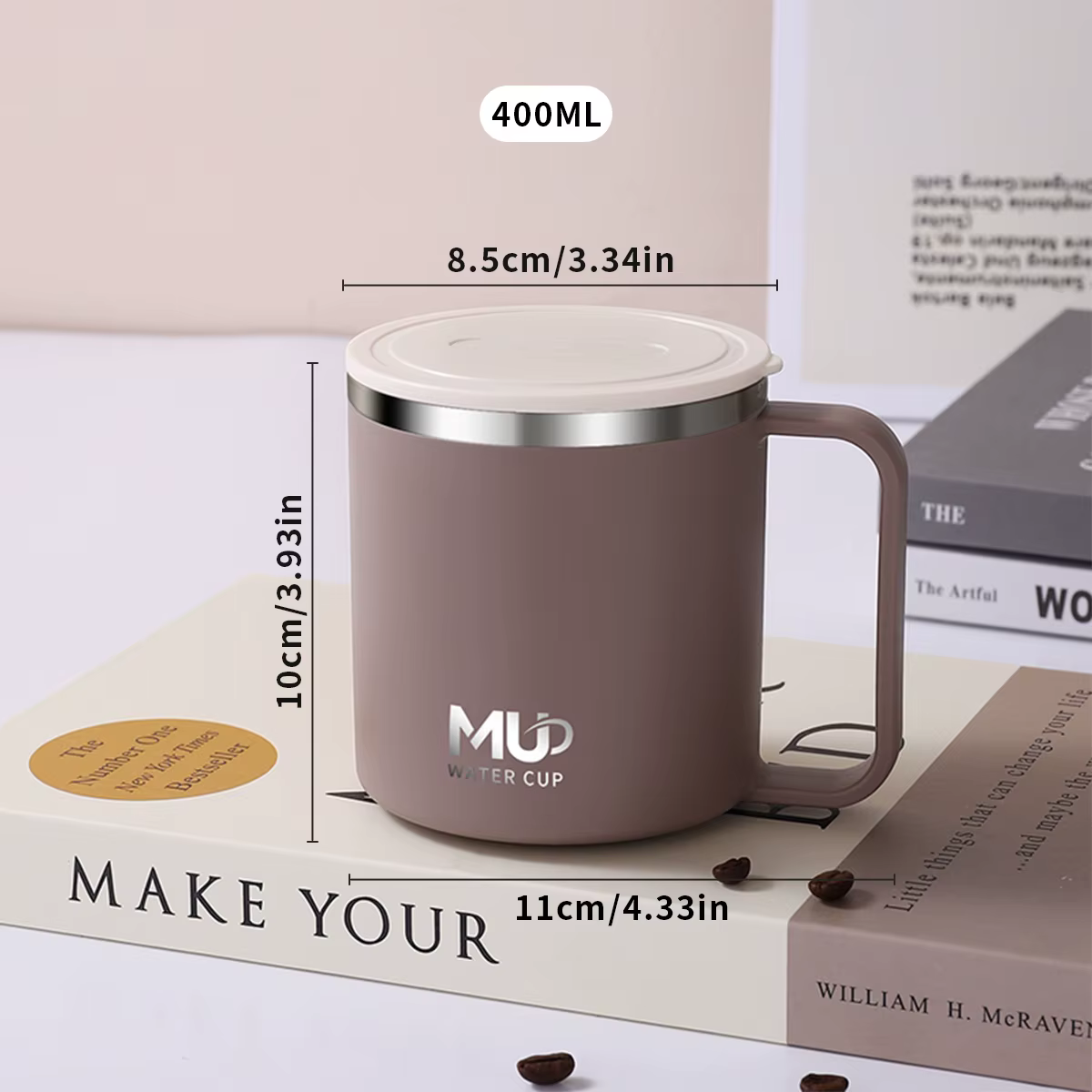 Tasse à café isolée de 400ML avec couvercle, tasse d'eau à Double paroi en acier inoxydable 304, tas