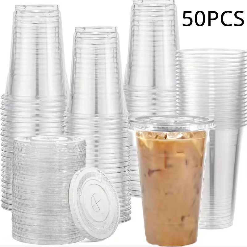 Gobelets en plastique transparent de 16OZ, 50 pièces, couvercles plats, gobelets jetables pour fête
