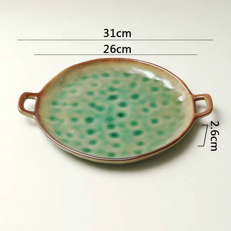 Assiette en céramique à double anse, couleur vert cuve de four, pour steak, pâtes, sushi, poisson, s