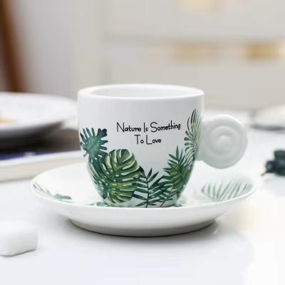 Ensemble tasse à café et soucoupe en céramique de 90ml, café frais nordique, verres plante Monstera,