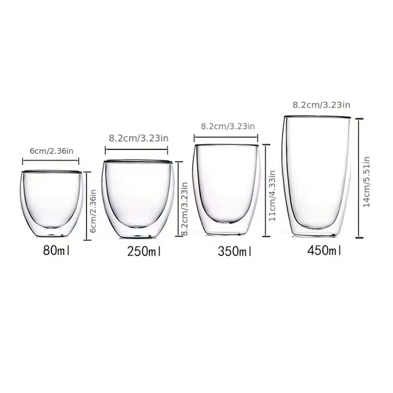Tasses à expresso en verre transparent isolées à double paroi, 80/250/450ml, parfaites pour le thé,