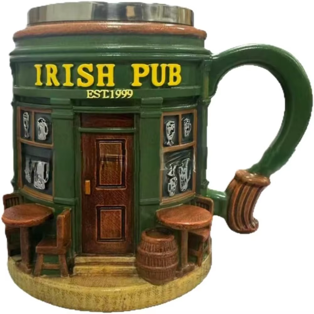 Mug à café en céramique avec poignée ergonomique confortable, design de pub irlandais 3D, mug à café
