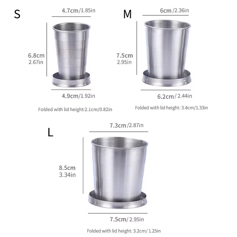 Tasses télescopiques portables en métal et acier inoxydable pour Camping en plein air, tasses pliant