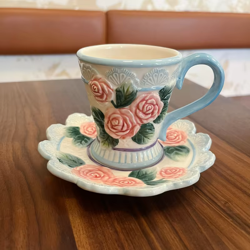 Théière et tasse à thé en céramique peinte à la main, style rose européen, ours créatif, ensemble de