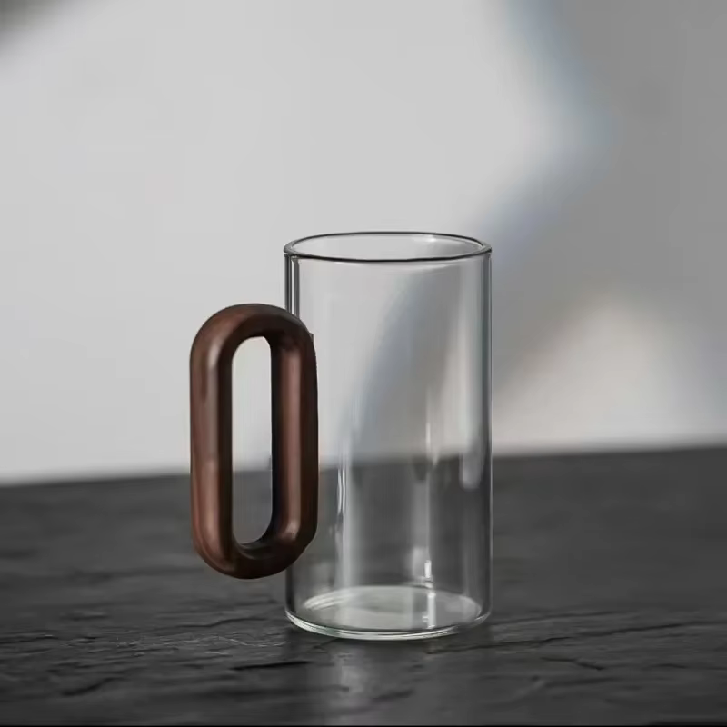 Tasse à boire créative avec poignée en bois gris fumé, verre monocouche, haute teneur en borosilicat