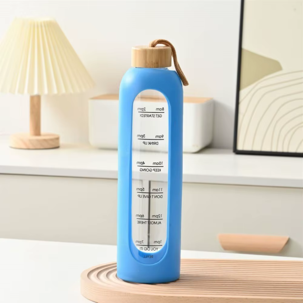 HI-Carillon en verre avec couvercle en bambou, sans plomb, manchon en silicone, tasse à eau de sport