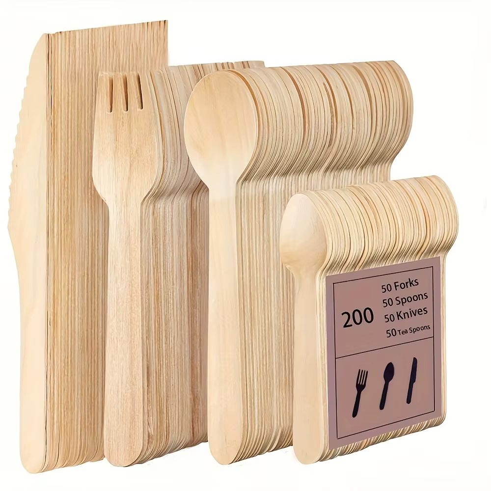 Ensemble de vaisselle jetable en bois pour fête, 200 pièces, (50 fourchettes, 50 $, 50 cuillères, 50