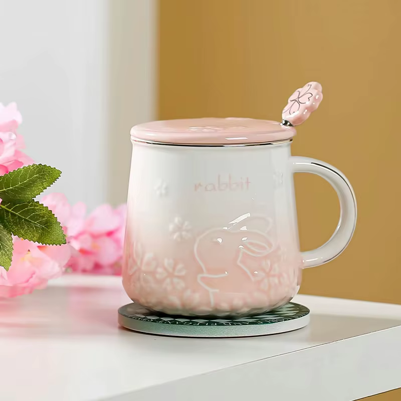 Tasse à café en céramique motif lapin mignon, tasse de fleurs de cerisier, tasses de petit déjeuner,