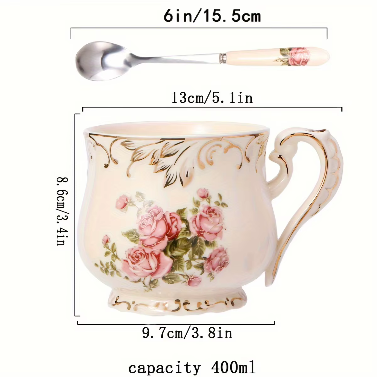 Ensemble tasse et cuillère en céramique rose - Tasse vintage à bordure dorée - Tasse à café et à thé