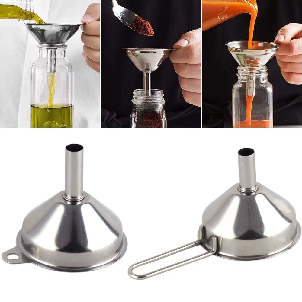 Entonnoir en acier inoxydable à large bouche, filtre à huile de cuisine, passoire avec poignée, outi