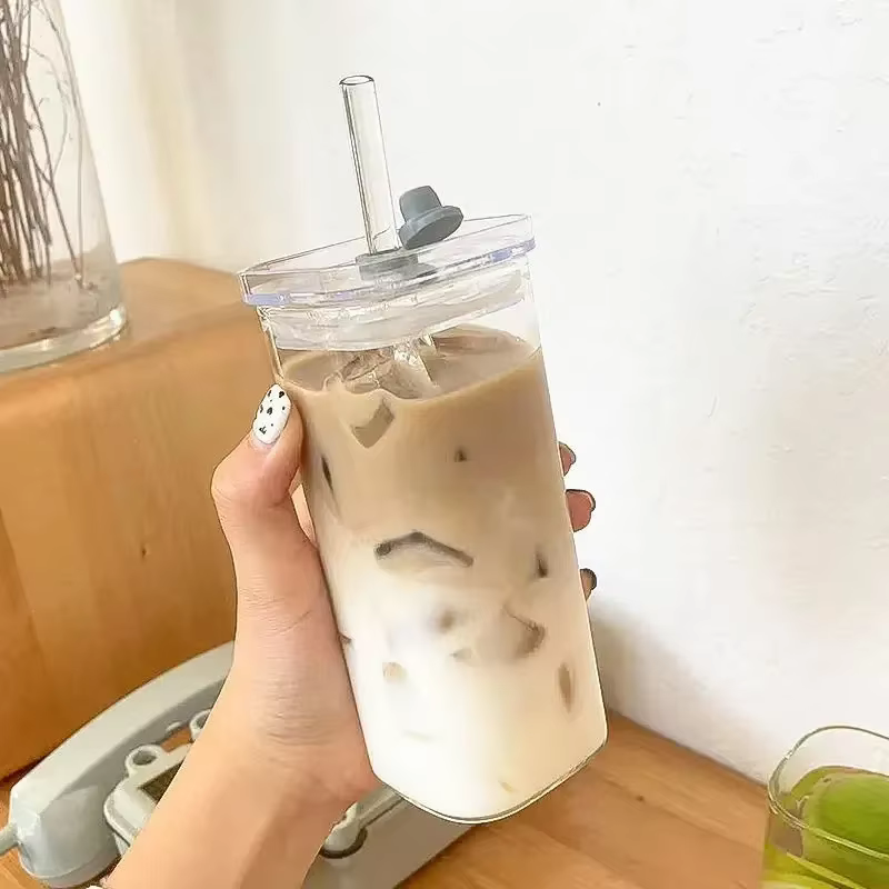 Tasse carrée en verre à café résistante à la chaleur, avec couvercle et paille, transparente, pour t