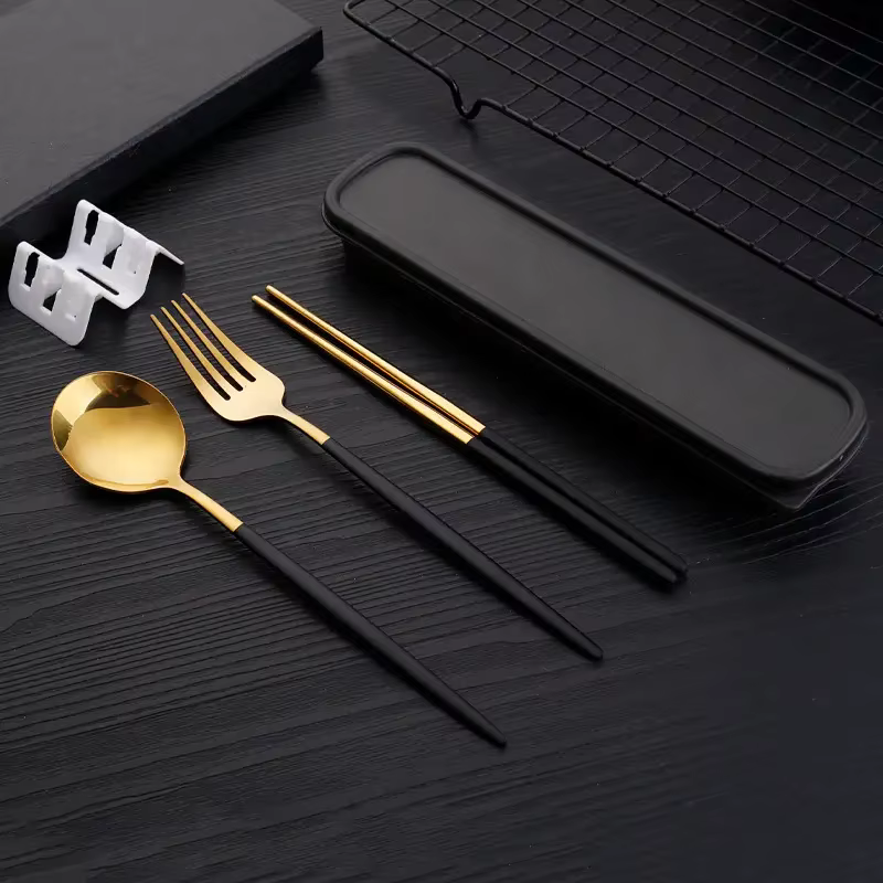 Couverts de voyage en acier inoxydable, 4 pièces, support de boîte, vaisselle cuillère fourchette ba