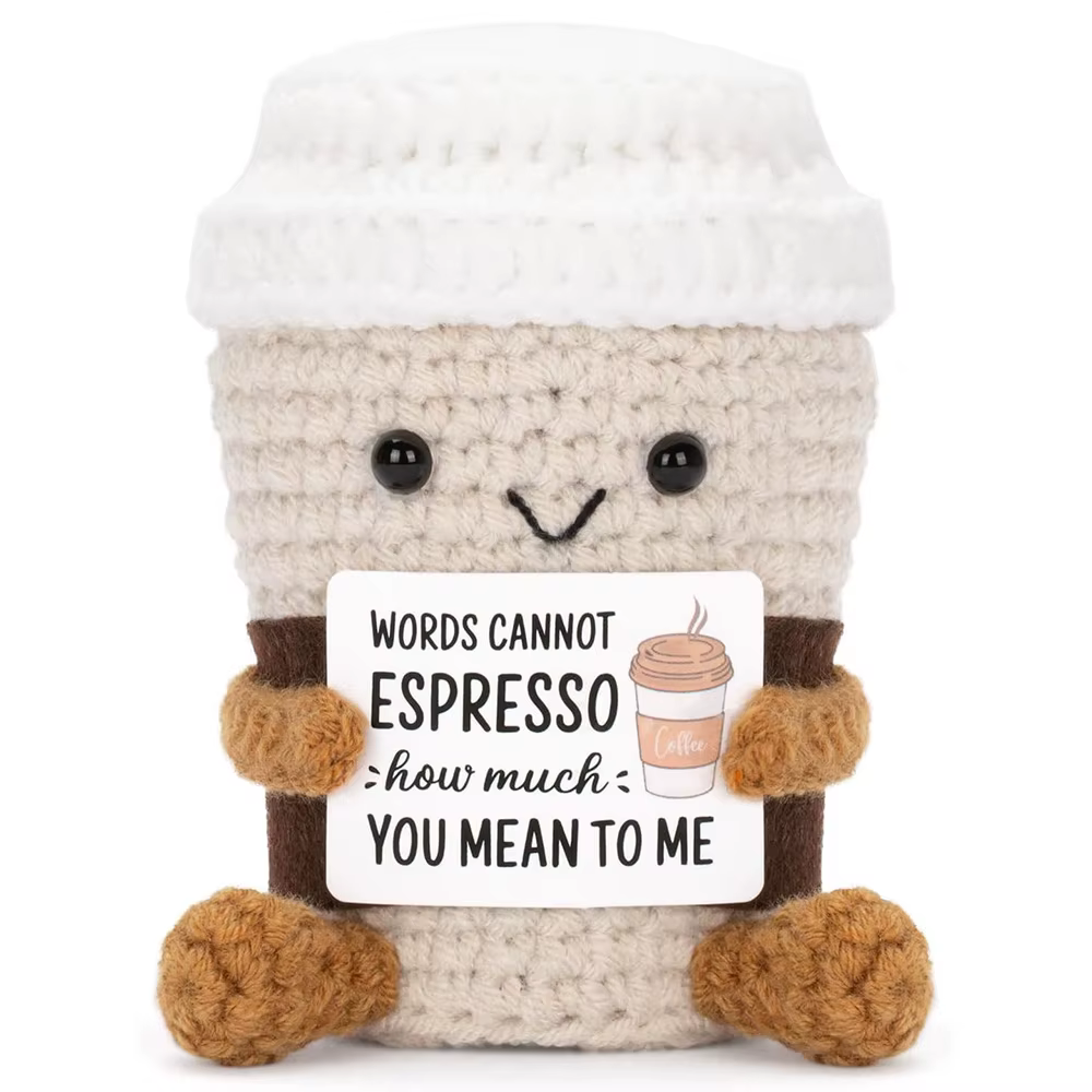 Poupée de café au Crochet drôle, Support émotionnel, avec carte, ornement de bureau, poupées de café