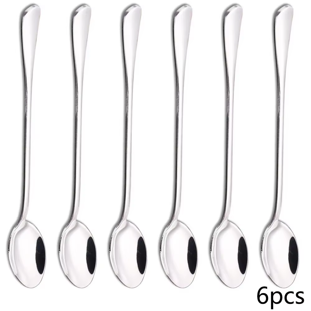 Cuillère à Long manche 6 pièces, cuillère à café épaisse en acier inoxydable, cuillère à remuer poin