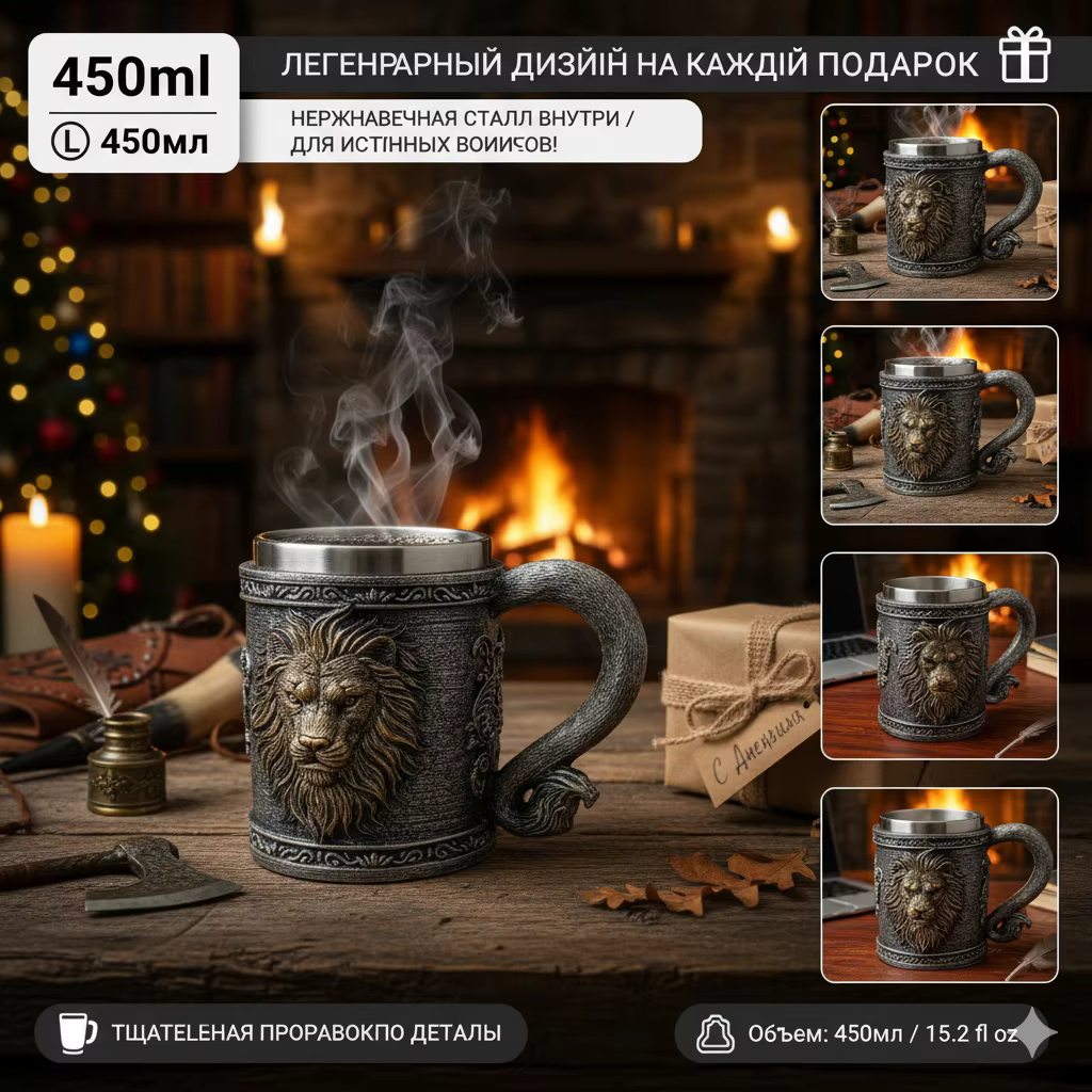 Chope à bière Tête de Lion, 450 ml, avec intérieur en acier inoxydable, style gothique, en résine 3D