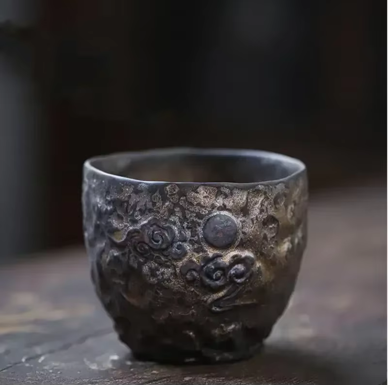 Tasse à thé dorée en poterie traditionnelle japonaise, bol à thé en céramique fait à la main, tasse 