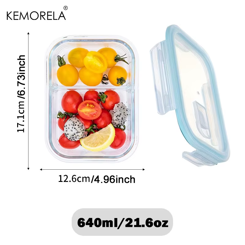 Boîte à lunch en verre à 2/3 compartiments avec couvercle à clipser, hermétique, adaptée au réfrigér