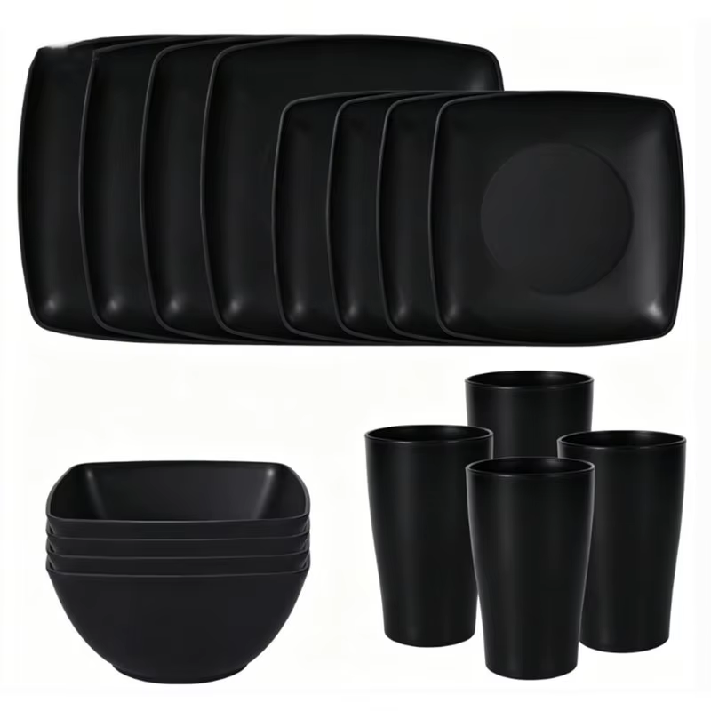 Ensemble de 16 pièces BSEVB - Bol à salade carré, assiette à steak carrée, bol, tasse, vaisselle éco