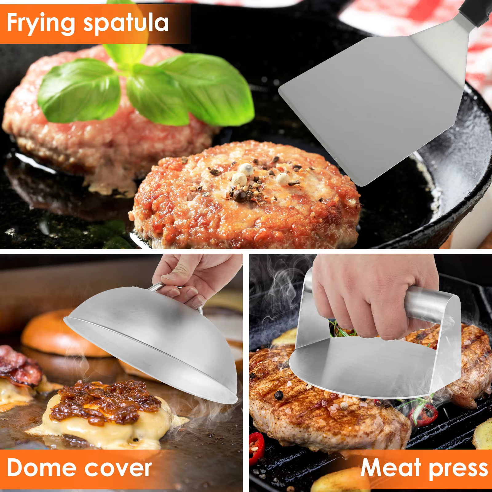Kit de hamburger Smash avec couvercle, spatule de plaque chauffante, presse à hamburger en acier ino