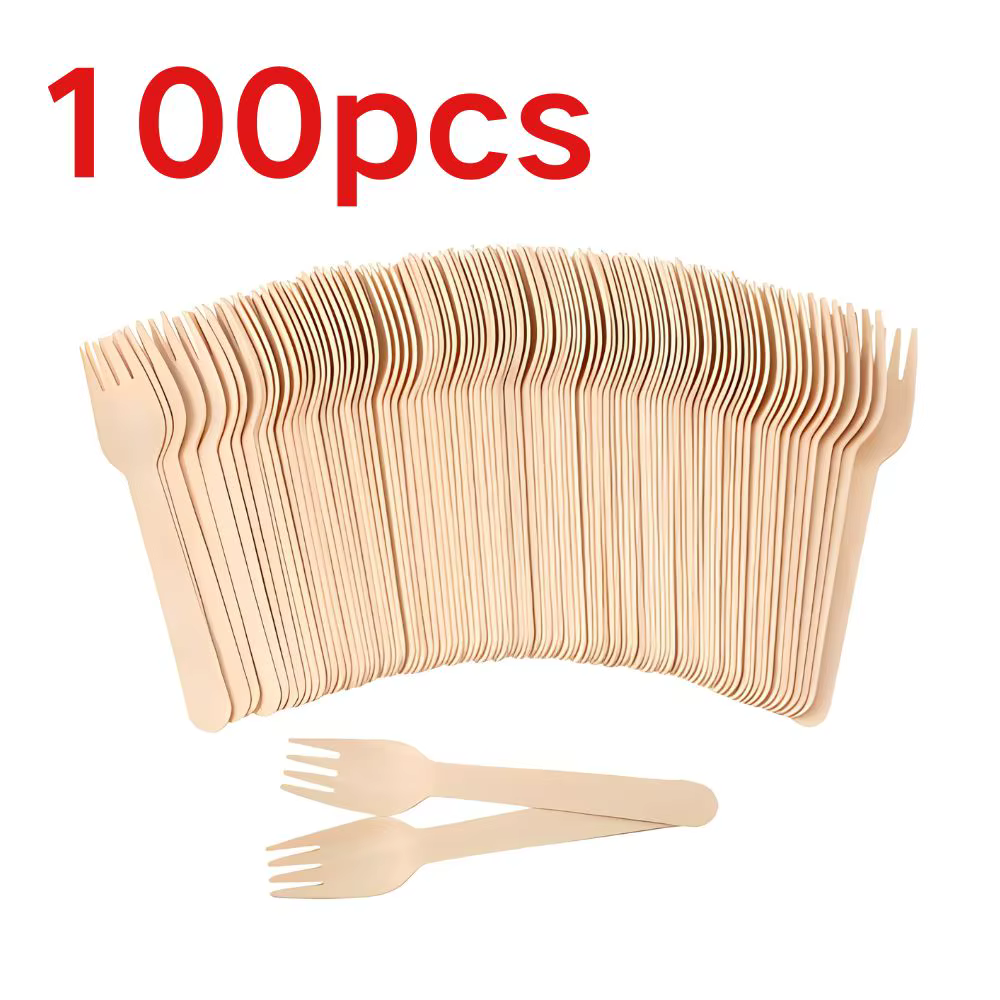 100 fourchettes/cuillères en bois jetables, couverts biodégradables écologiques, ustensiles en bois 