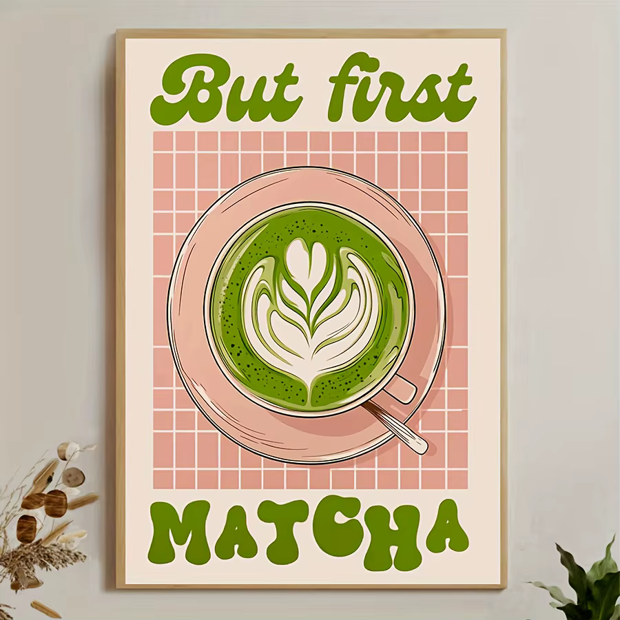 Affiche sur toile d'art Matcha Latte "Mout The First Matcha", arrière-plan de grille rose, imprimés 