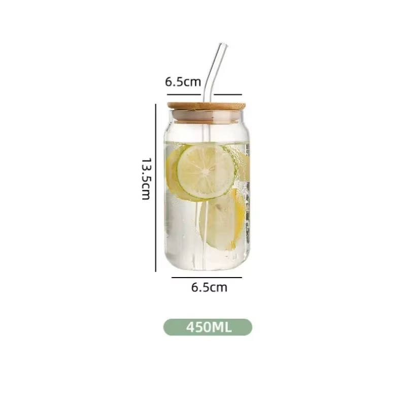 Tasse en verre Transparent de 450ml/550ml, avec couvercle en bois et paille, tasse de jus en verre à