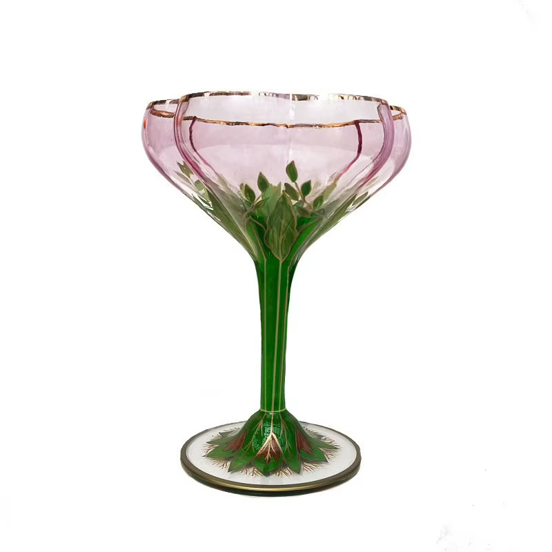 Verres à vin en cristal de style vintage, bols à crème glacée roses peints à la main et flûtes à cha