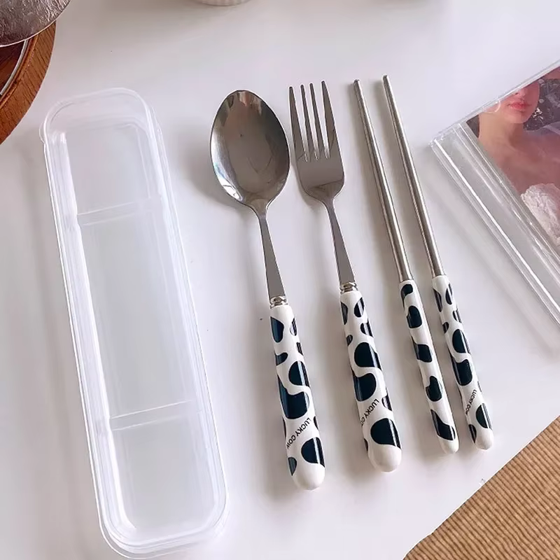 Ensemble de vaisselle Portable 3 pièces avec mallette de rangement, cuillères, fourchettes, baguette