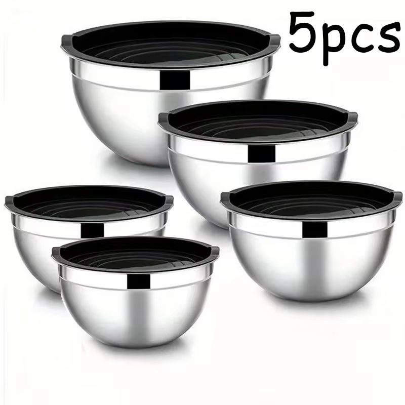 Bassin à salade en acier inoxydable 5 pièces avec couvercle et bassin à mélanger pour la cuisson, ad