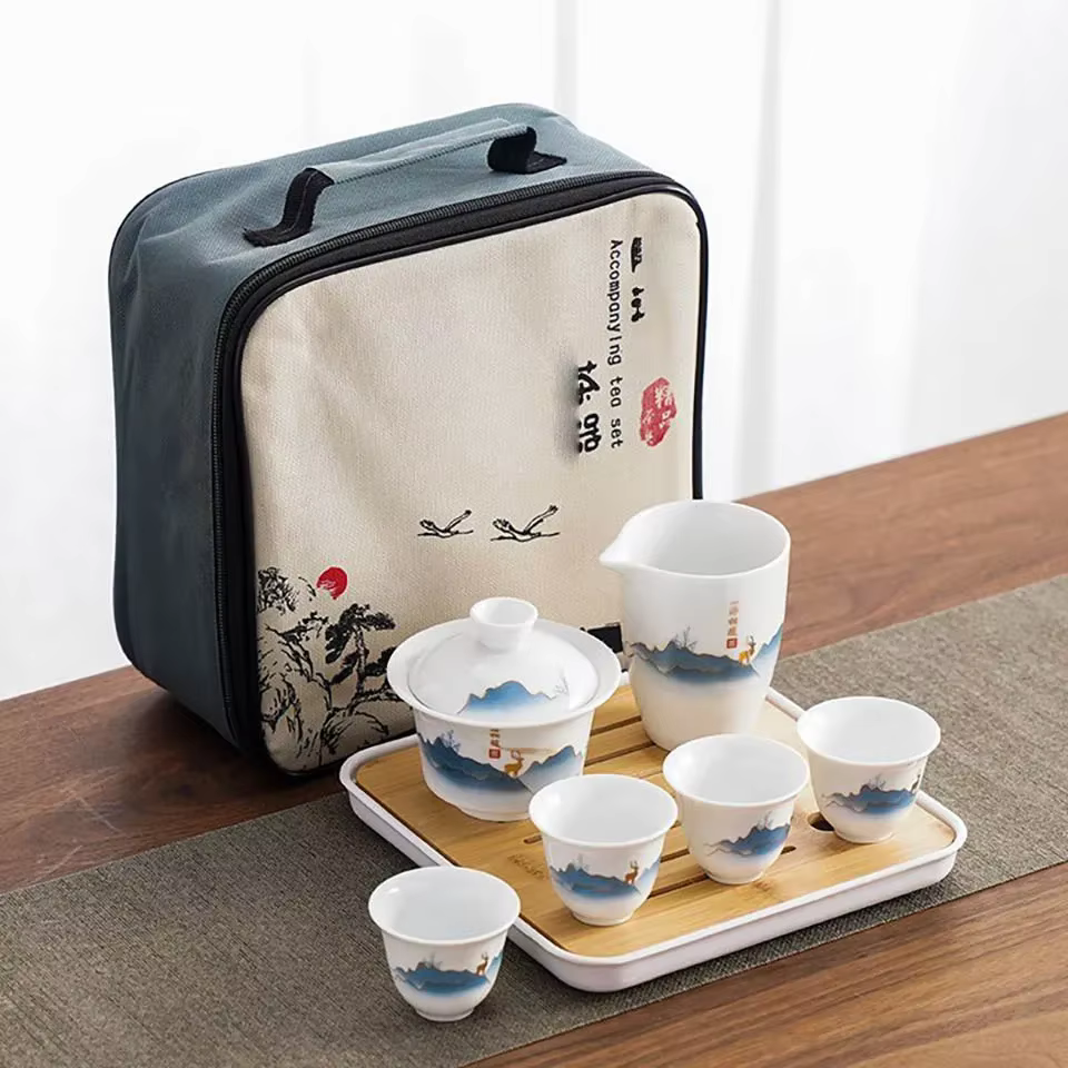 Service à thé Kung Fu chinois en céramique, adapté aux voyages, Camping, plateau à thé Gaiwan Portab