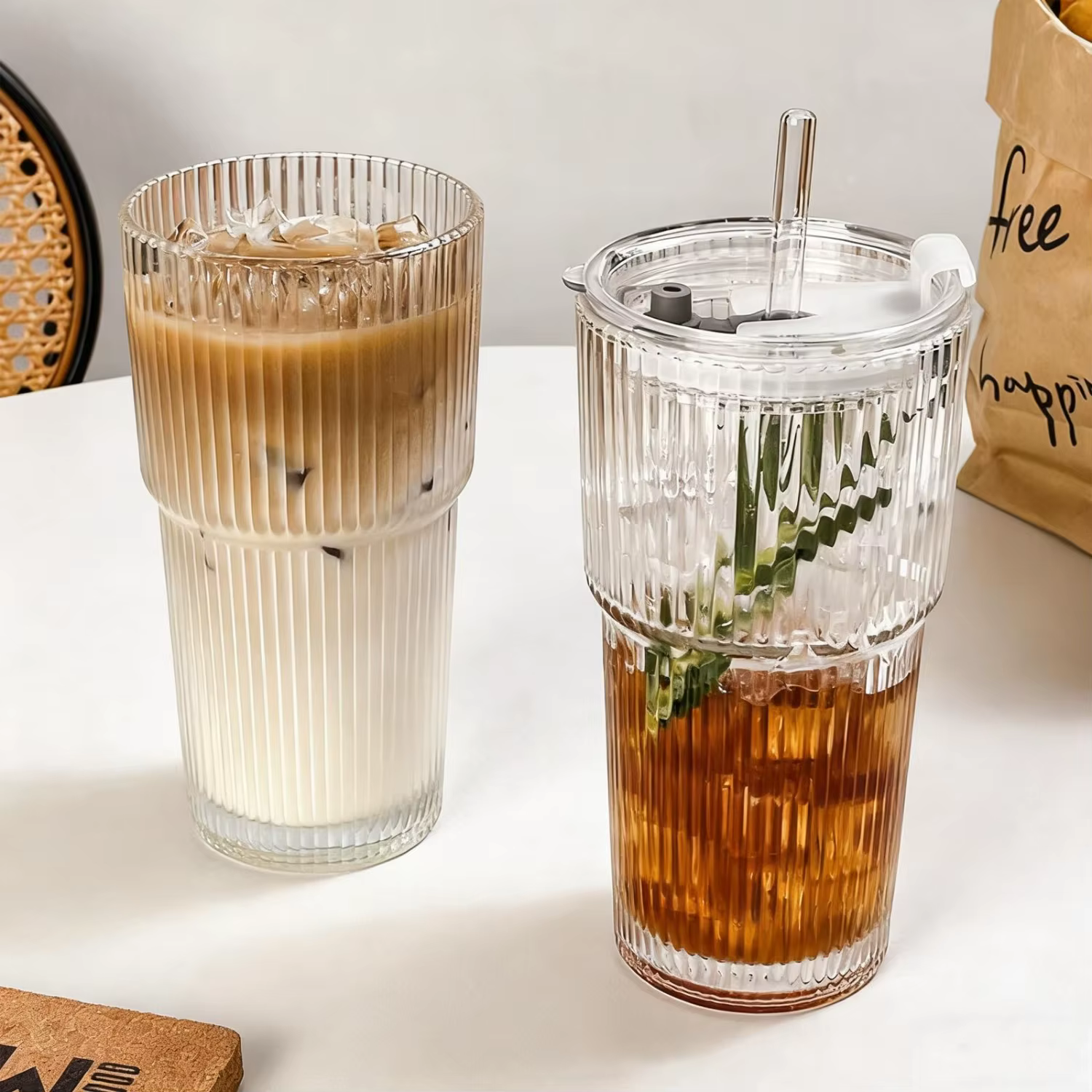 Lot de 2 gobelets en verre côtelé transparent de 20 oz avec paille et couvercle, compatibles lave-va