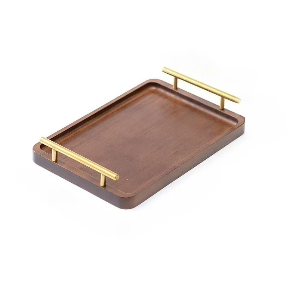 Plateau de service en bois pour aliments et boissons avec poignées métalliques pour table basse, pet