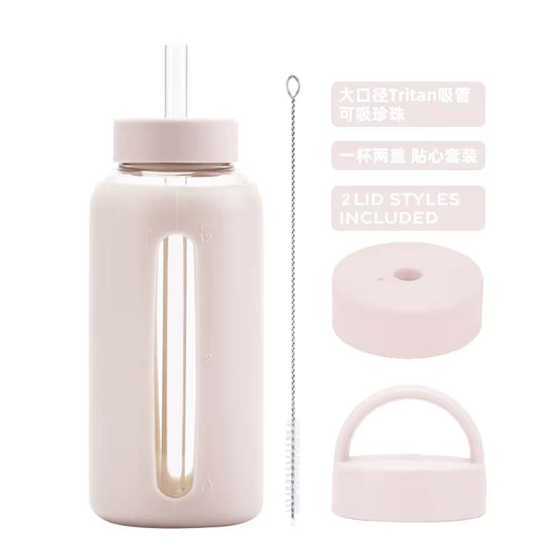 Tasse en verre de grande capacité de 800ml, Double couvercle, manchon en Silicone, isolation thermiq