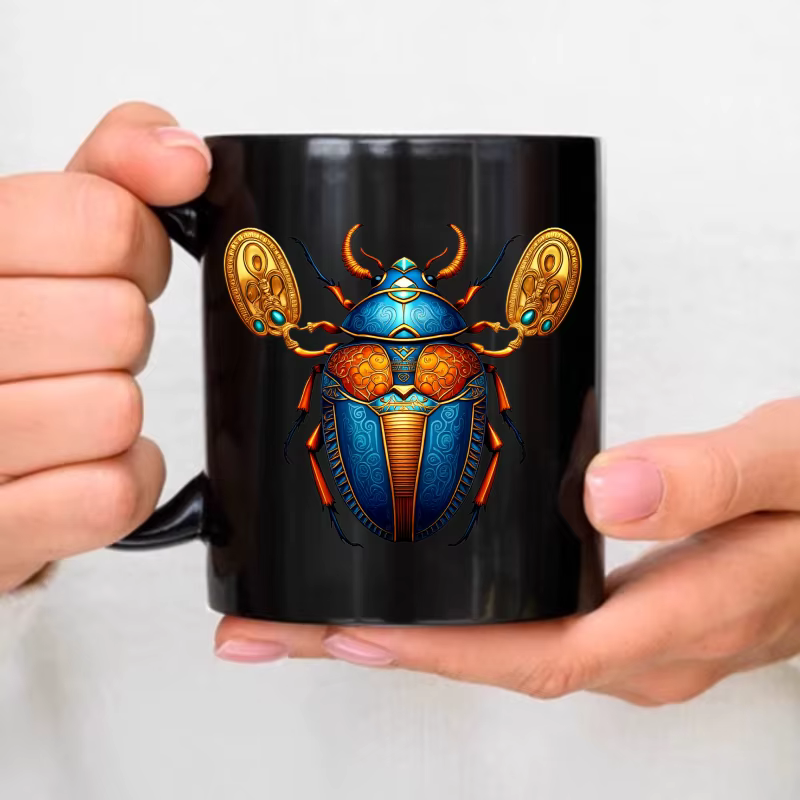 Tasse en céramique, design scarabée égyptien noir, adaptée au café, au thé, au petit déjeuner, à la