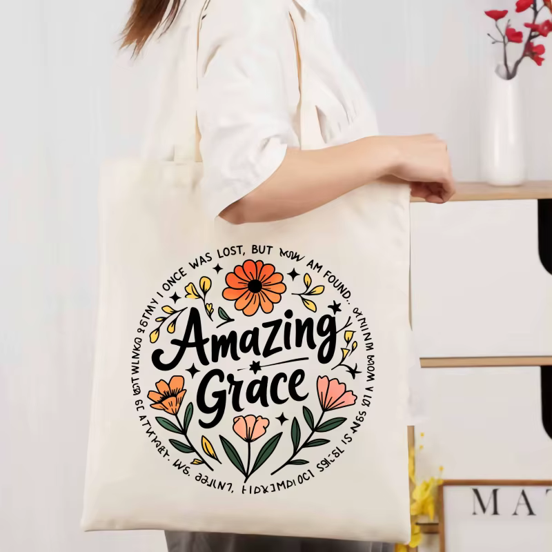 Sac fourre-tout en toile crème avec de belles fleurs et versets bibliques pour l'église, le shopping