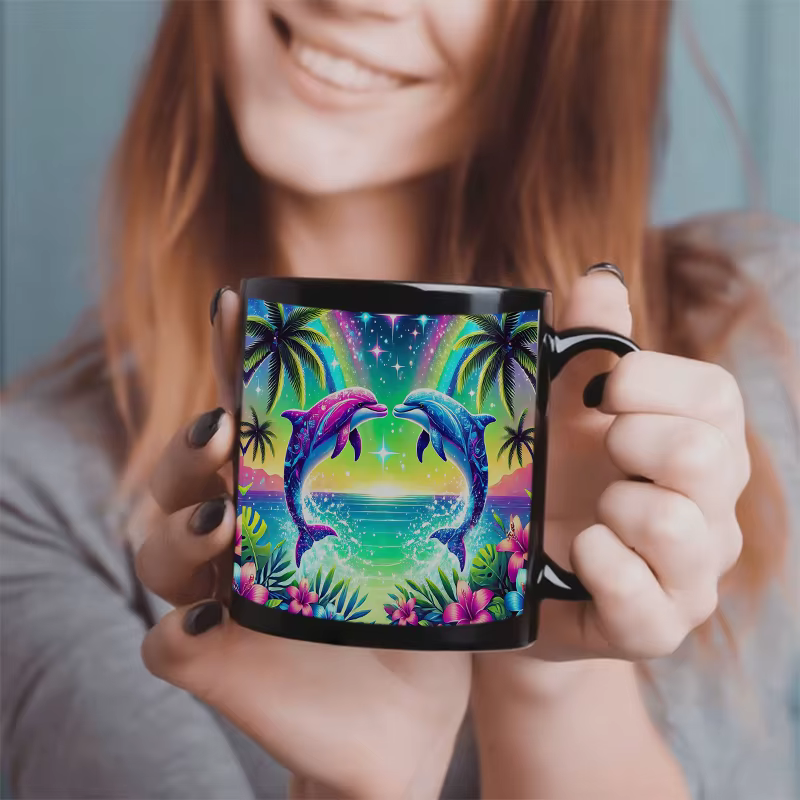 Mug en céramique à changement de couleur magique, motif Dauphin Coloré, Palmier, Arc-en-ciel Tropica