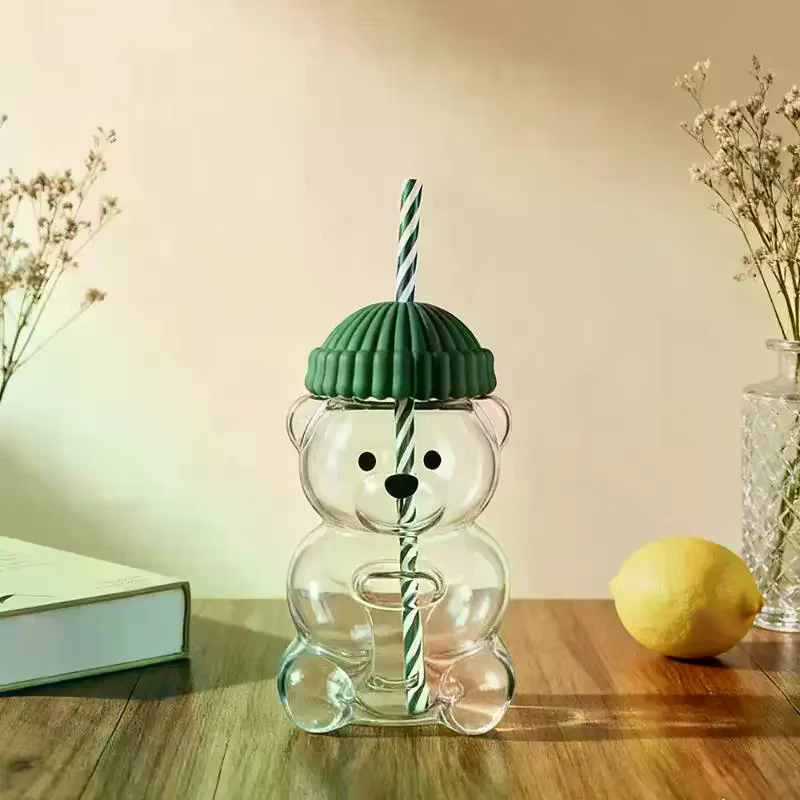 Mug à café en forme d'ours de dessin animé 550 ml, tasse mignonne en plastique PET avec paille, gobe