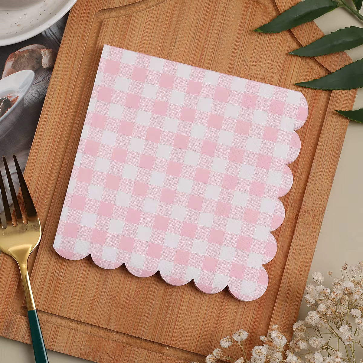 100 pièces serviettes festonnées à carreaux rose clair pliées 5x5 pouces serviettes de cocktail jeta