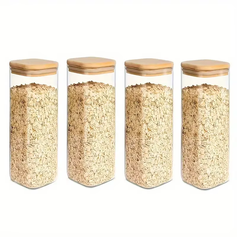 Pot de stockage des aliments en verre avec couvercle en bambou, pot de stockage de cuisine transpare