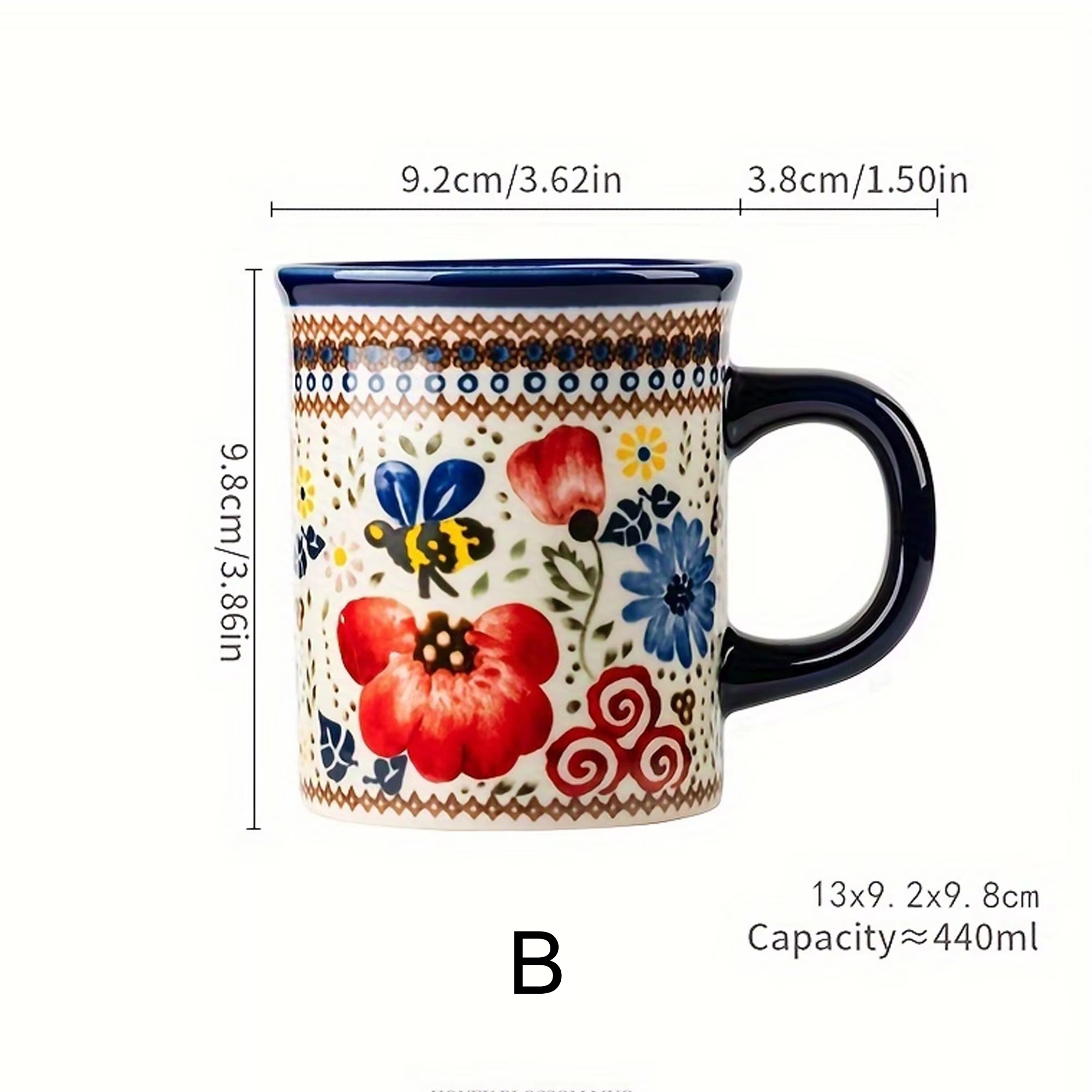 Mug en céramique de style bohème, motif floral peint à la main, compatible avec le four à micro-onde