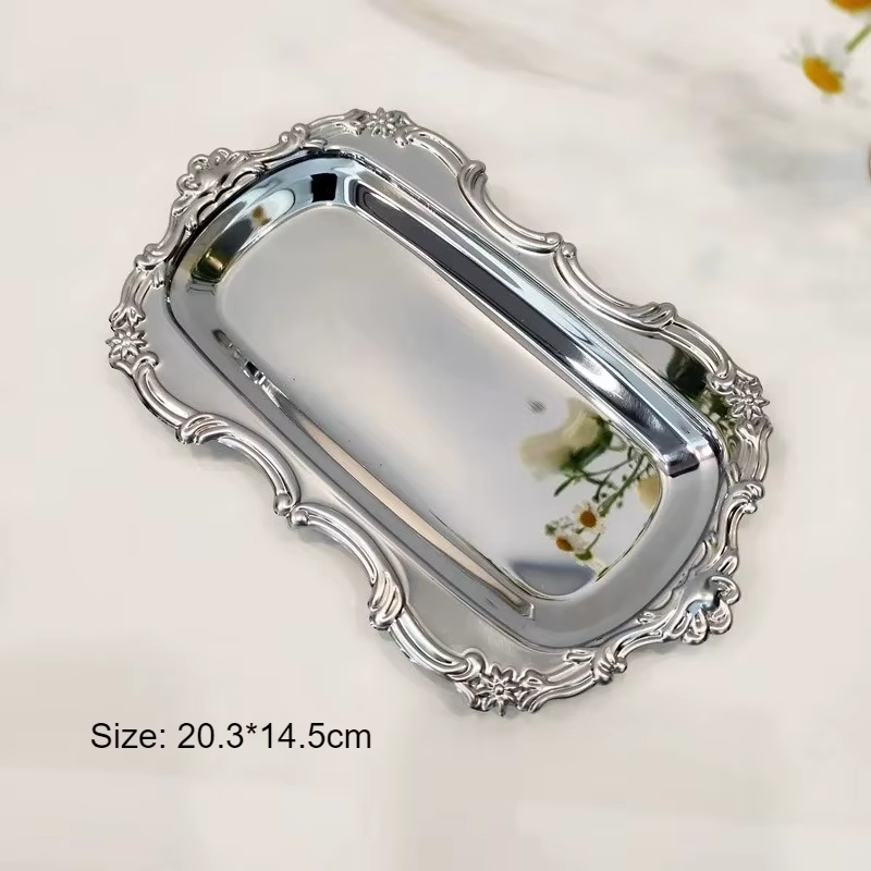 Plateau de service vintage en acier inoxydable à bords ondulés pour desserts, rangement de bijoux, a