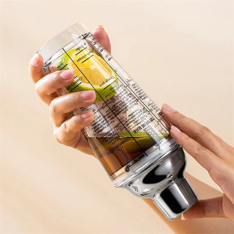 Shaker à Cocktail en verre, tasse à main avec échelles, couvercle et passoire en acier métallique de