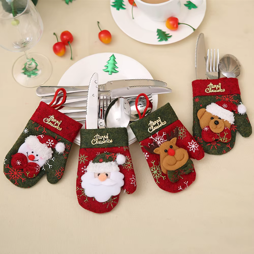 Pochettes porte-argenterie de noël, 4 pièces, porte-couverts rétro en forme de gant, sac cadeau de b