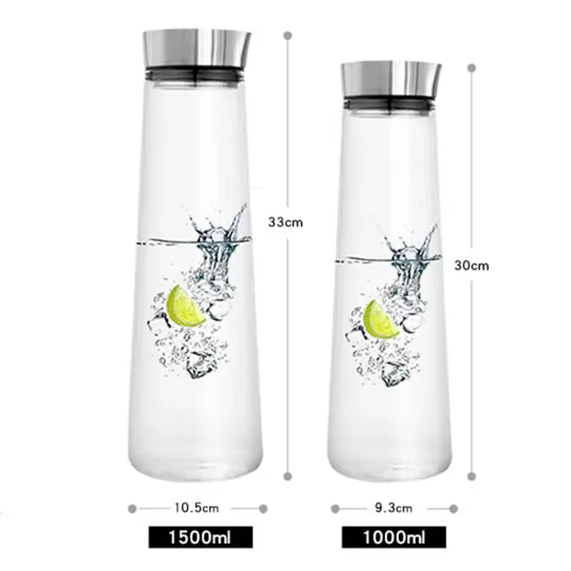 Grande bouteille d'eau en verre épaissie avec couvercle en acier inoxydable, Carafe pour réfrigérate