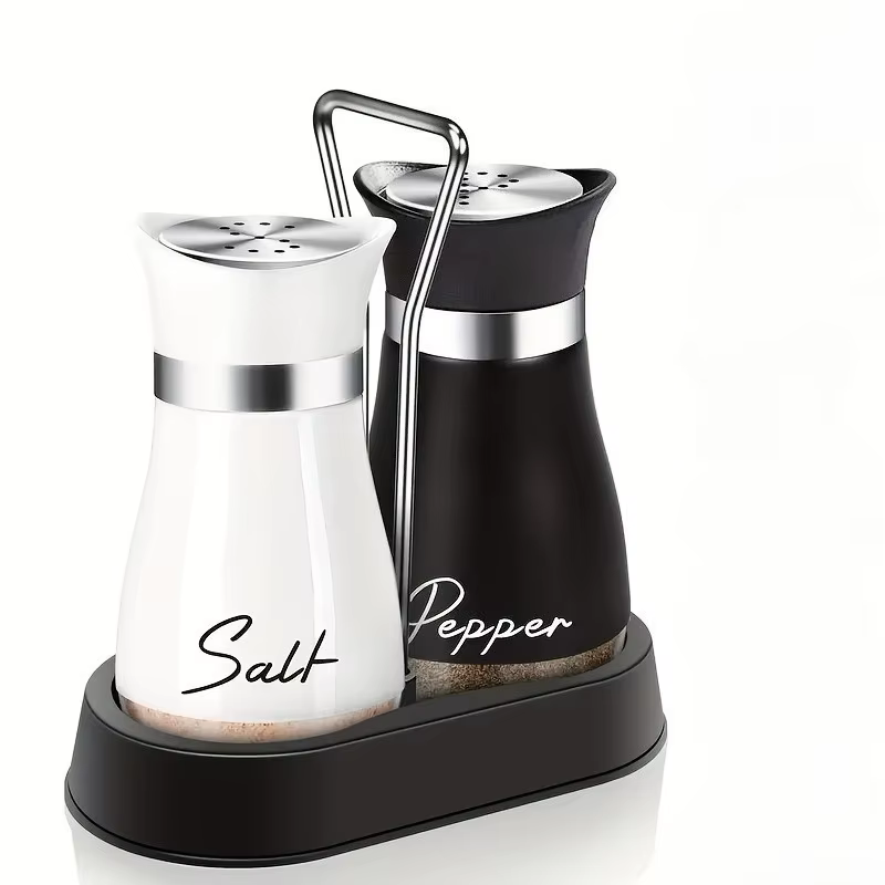 Un ensemble de bouteilles d'assaisonnement au poivre et au sel, avec un support secouant, base en ve