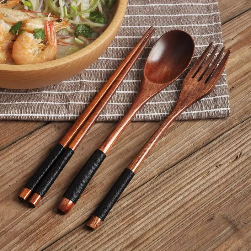 Cuillère fourchette baguettes couverts portables ensemble de couverts en bois voyage ensemble de cou