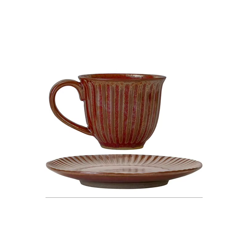 Un ensemble de tasses et assiettes tasse à café Style rétro en céramique rayé bureau thé de l'après-